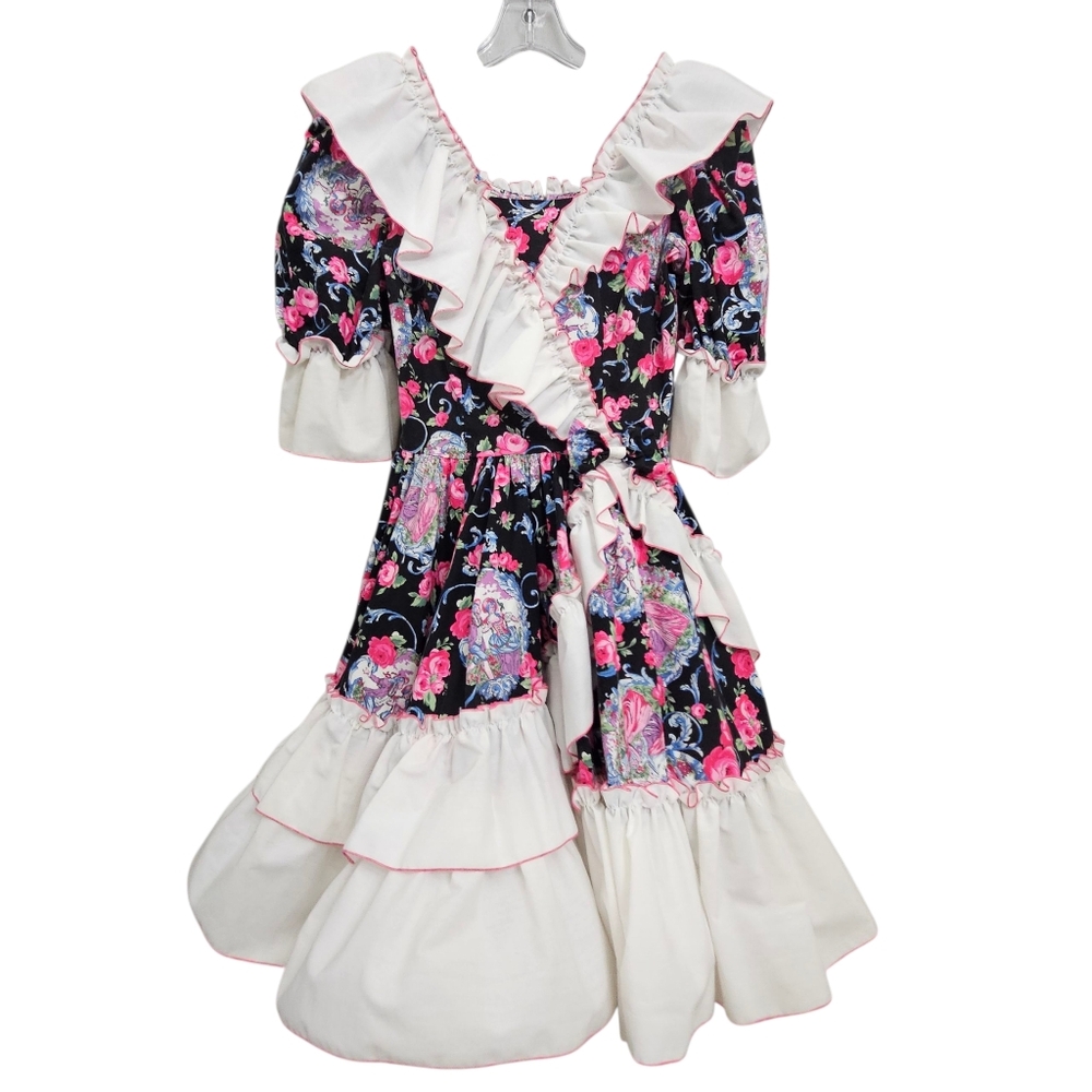 Vintage 80's Call It Fancy Square Dancing Black w Pink Roses White Ruffle Dress